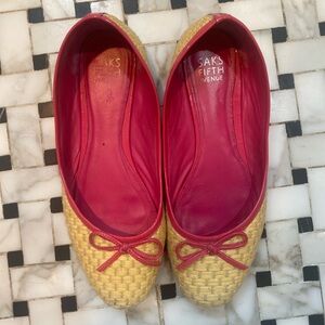 Saks Fifth Avenue- Wicker Flats with Pink leather Trim and Bow, Size 8